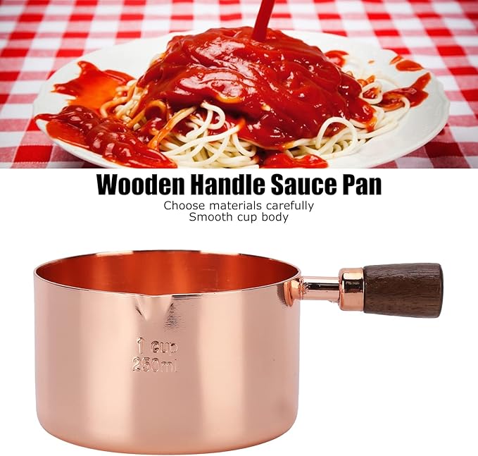 Mini Sauce Pan, Stainless Steel Butter Warmer with Pour Spout and Wooden Handle Rose Gold Melting Pot for Making Sauces, Chocolate Melting, Coffee Tea Soup Warming(1cup)