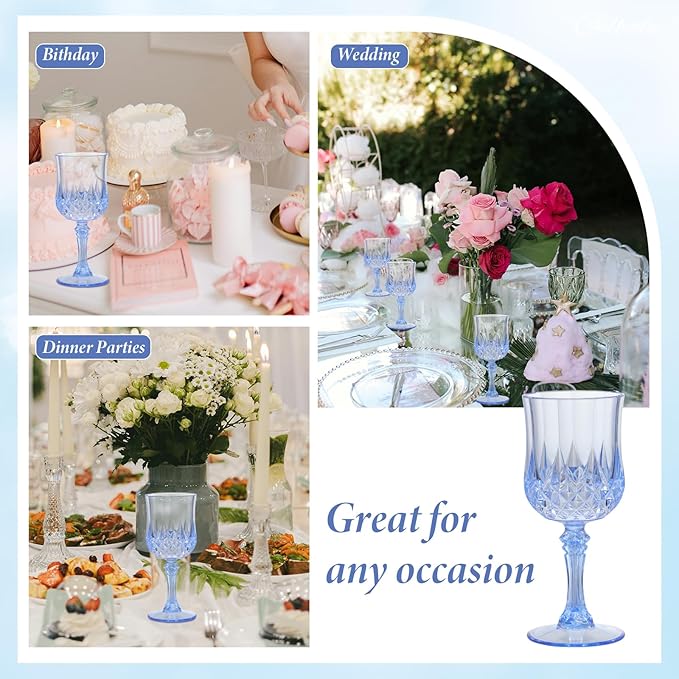Blue Plastic Wine Glasses 7oz – 24 Pcs Unbreakable Vintage Plastic Goblets for Parties Reusable & Dishwasher Safe Ideal for Weddings, Bars, and Every Celebration
