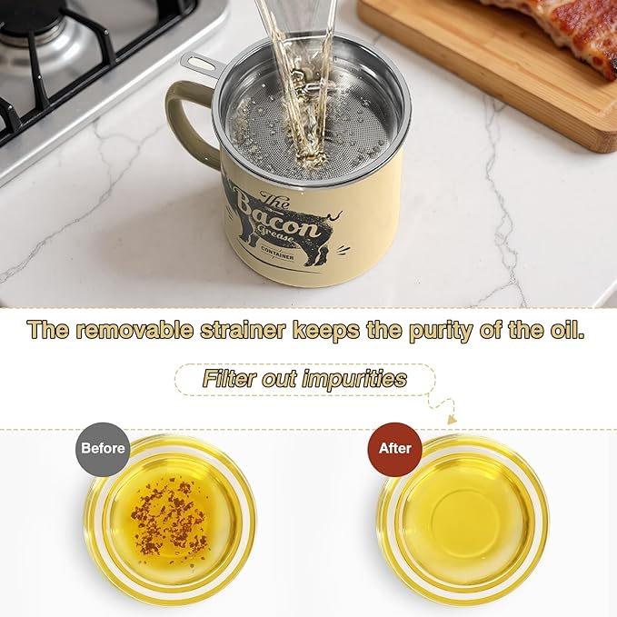 Bacon Grease Container With Strainer, 46OZ Large Enamel Grease Container, With Silicone Spatula, Farmhouse Bacon Grease Keeper, Cooking Oil Container For Kitchen Fat Storage, Dishwasher Safe-Beige