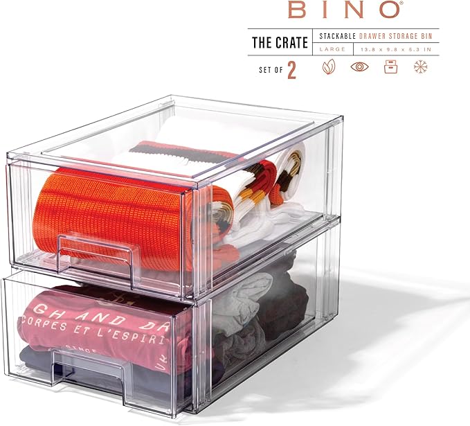 BINO | Stackable Storage Drawers, Large - 2 Pack, Clear | THE CRATE COLLECTION | Storage Bins With Drawers | Bathroom Organizers | Under Sink Organizer | Vanity Cabinet Home Organization