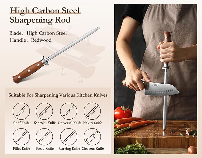HEZHEN 8-Piece Chef Knife Set with Block and Sharpener, Razor-Sharp, German DIN 1.4116 Steel, Includes Chef, Santoku,Slicing, Utility, Paring Knives and Kitchen Shears