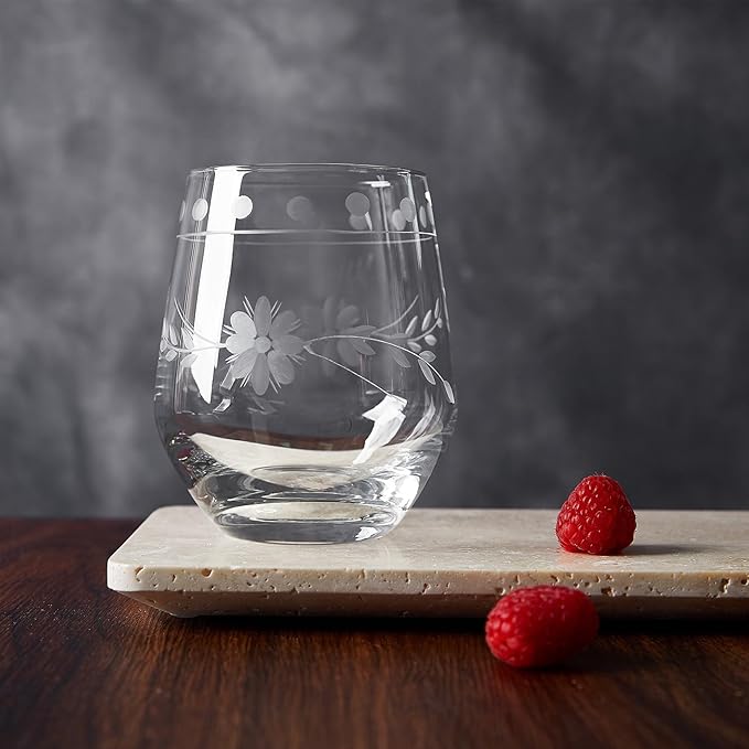 Royalrose Premium Delight Vintage Red Wine Glasses Set of 4, 15.7 oz – Hand-Blown with Etched, Classic Glassware for Weddings, Dinners, and Holiday Gifting (Stemless Wine Glasses)