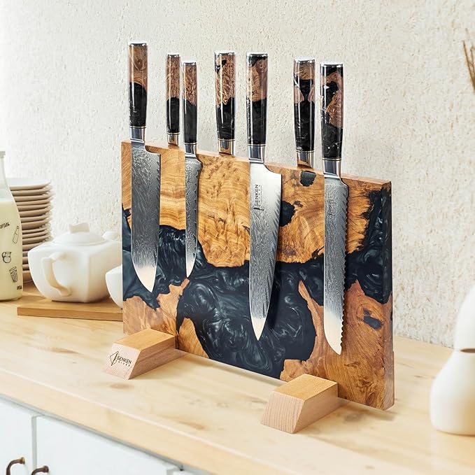 SENKEN "Black Tsunami" Extra Large Magnetic Knife Block - Holds Up to 16 Knives - Knife Block without Knives, Universal Knife Holder, Beautiful Dark Resin & Natural Wood Blend (Black Resin)