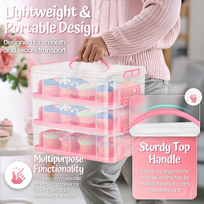 Flexzion 36 Cupcake Carrier 3 Tier Stackable Storage Container Collapsible Cake Carrier with Lid and Handle, Reusable Rectangular Plastic Dessert Travel Container, Display Holder Transport Box (Pink)