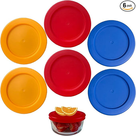 2 Cup/470 mL Orange, Red, Blue Replacement Lids/Covers for Pyrex 7200-PC, 2 Cup/16oz Anchor Hocking & Klare Ware Storage Bowls *Lids Only* - *Glass Container Not Included* (6 Pack, Orange, Red, Blue)