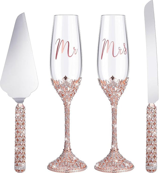 4-Piece Wedding Cake Knife and Champagne Flutes Set, Crystal Rhinestone Glasses and Cake Cutting Server for Bride and Groom Wedding Reception or Anniversary (Gold, Elegant Design) (Rose Gold)