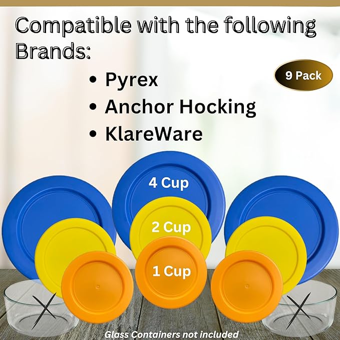 1, 2 & 4 Cup Orange, Yellow, Blue Replacement Lids/Covers for Pyrex, Anchor Hocking & KlareWare Storage Bowls *Lids Only Glass Container Not Included* (9 Pack *Three of Each Size*)