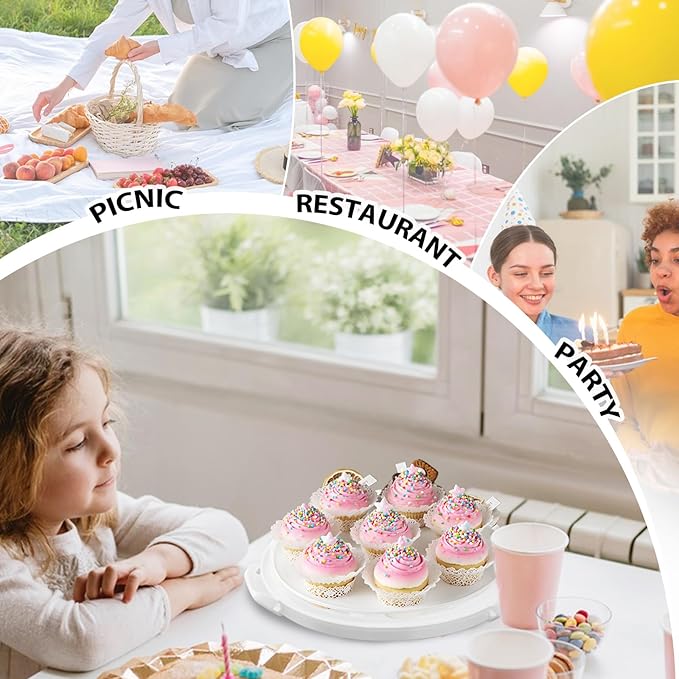 White Plastic Cake Carrier with Lid and Handle, 4 in 1 Multipurpose Cupcake Holder Stand for 11 '' Cake, Round Portable Dessert Storage Container Box with Cover for Pie Pizza Eggs Fruit Snack