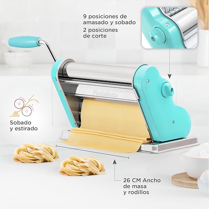 PASTALINDA Classic 260 Pasta Maker Machine, 26 cm Wide Rollers, 9 Thickness Positions, 2 Cutting Positions, Stainless Steel. Includes Reinforced Hand Crank And Two Clamps (Acqua)