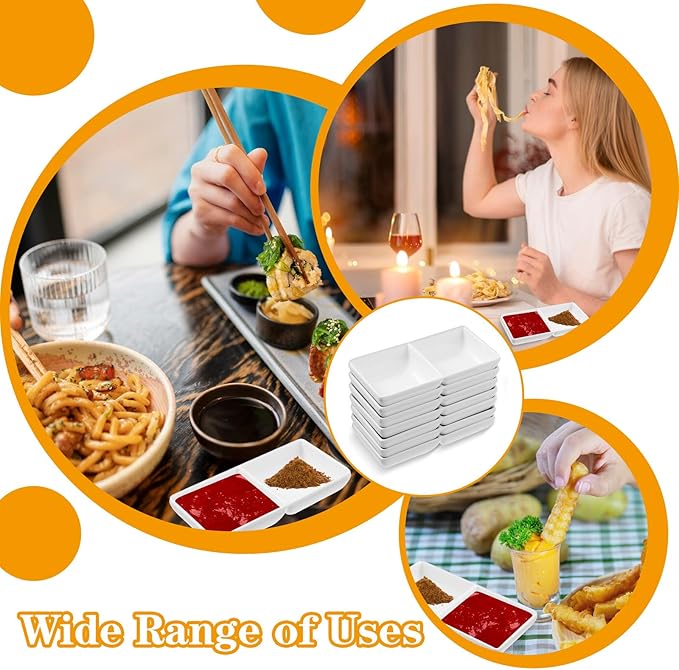 16 Pcs Sauce Dish, Dual Dipping Bowls Large Capacity Dual Sauce Bowls, Soy Two Compartments Party Trays Divided Fondue Plates for Restaurant Kitchen Sushi Soy Sauce (White)