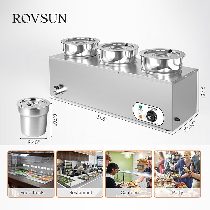 ROVSUN Electric Soup Warmer, 22QT Commercial Food Warmer Steam Table, Countertop Bain Marie with Three 7.4QT Pots, 86~185°F Adjustable Temperature, Lid and Tap for Buffet Restaurant 1200W