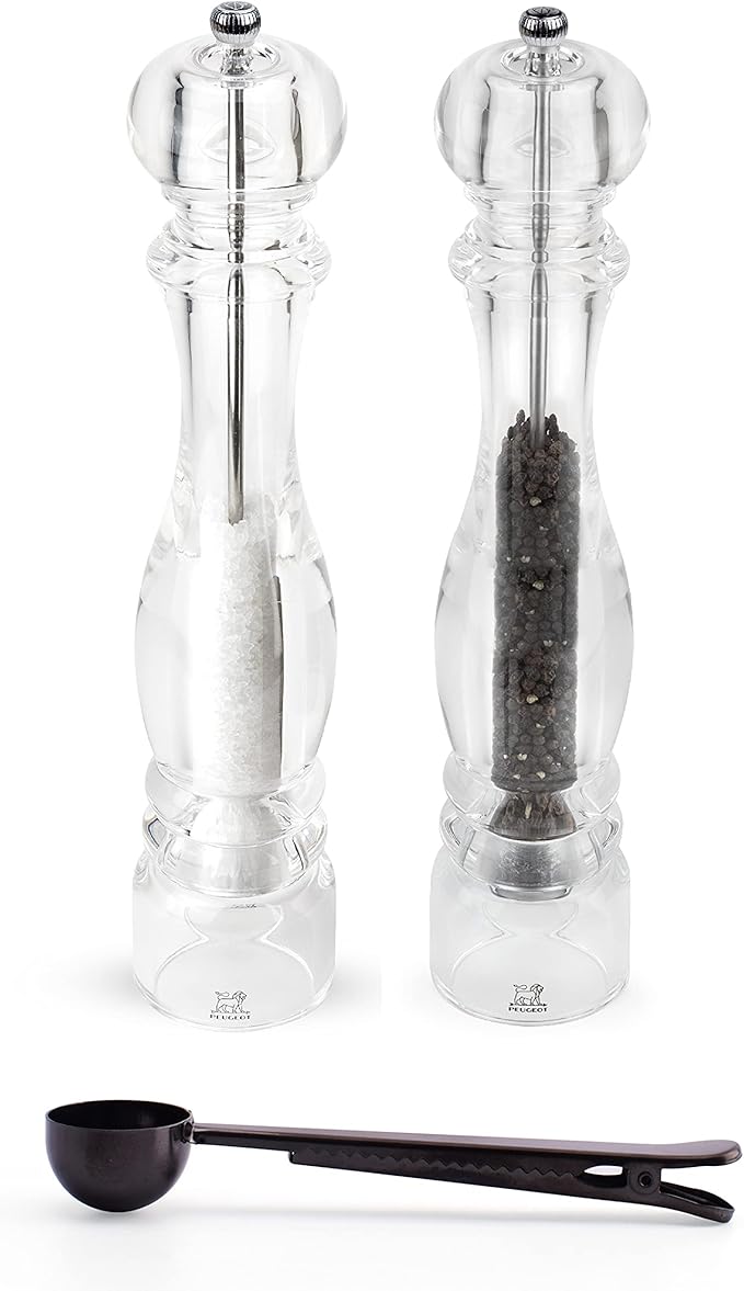 Peugeot Nancy Inch Salt & Pepper Mill Gift Set, Acrylic - With Stainless Steel Spice Scoop/Bag Clip (15 Inch)