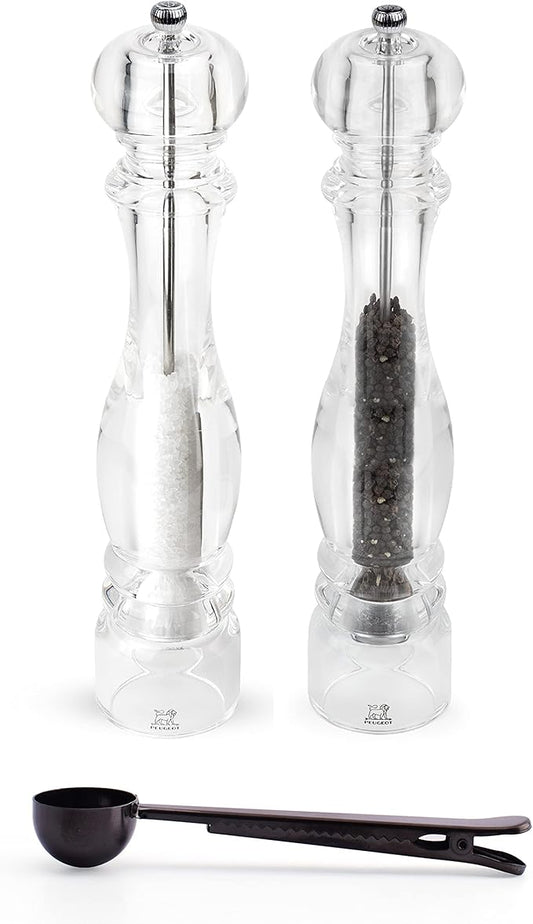 Peugeot Nancy Inch Salt & Pepper Mill Gift Set, Acrylic - With Stainless Steel Spice Scoop/Bag Clip (15 Inch)