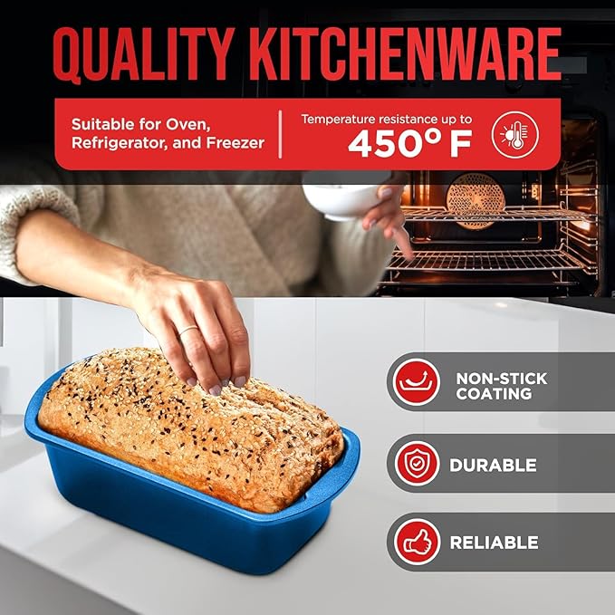 Nonstick Loaf Pan Set Pack of 2, 10.2" & 11" Large Baking Bread Pan, Oven Safe Up to 450°F, PFOA, PFOS, PTFE Free, Space Saving Stackable Design, Stain Resistant, Dishwasher Friendly, Blue Marble