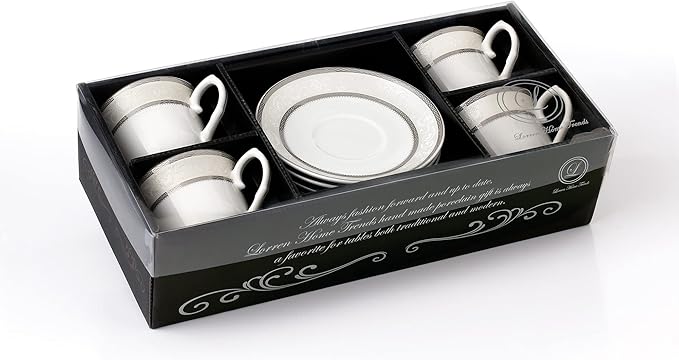 World Gifts Elegant Durable and Colorful Porcelain Tea-Coffee Cups and Saucers Set - Silver, 8 oz. Set of 4