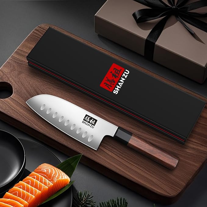 SHAN ZU 5 Inch Santoku Knife for Small Hands, Japanese High Carbon Steel Kitchen Knife, Multi-function Mini Size Sharp Chef Knives with Ergonomic Red Sandalwood Handle, Sashimi Knives