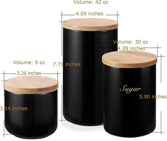 Yangbaga Black Ceramic Canister Set for Kitchen-Set of 3 Kitchen Canisters for Countertop with Airtight Wood,Large Kitchen Storage for Flour,Suger,Coffee-Modern Countertop Decor