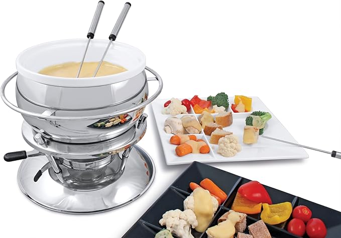 Swissmar Zuri 11-Piece Stainless Steel 3-in-1 Fondue Set - Ideal for Melting Cheese, Chocolate, Butter, & More - Perfect for Kitchen Collection & Wedding Gift Giving, 2.25 Quarts / 2.2 Liter