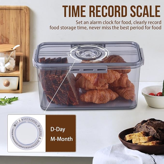 Bread Box Bread Boxes for Kitchen Counter Airtight, Time Recording Bread Storage Container with Lid, Bread Keeper for Homemade Bread, Toast, Bagel, Donut and Cookies, Grey