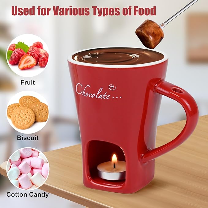 Sweet Fondue Cup for Chocolate Cheese Candy Butter - Chocolate Fondue Mug with Fork & 4 Candle, Mini Ceramic Chocolate Melting Cup, Personal Chocolate Melting Pot for Date Night Birthday Wedding (Red)