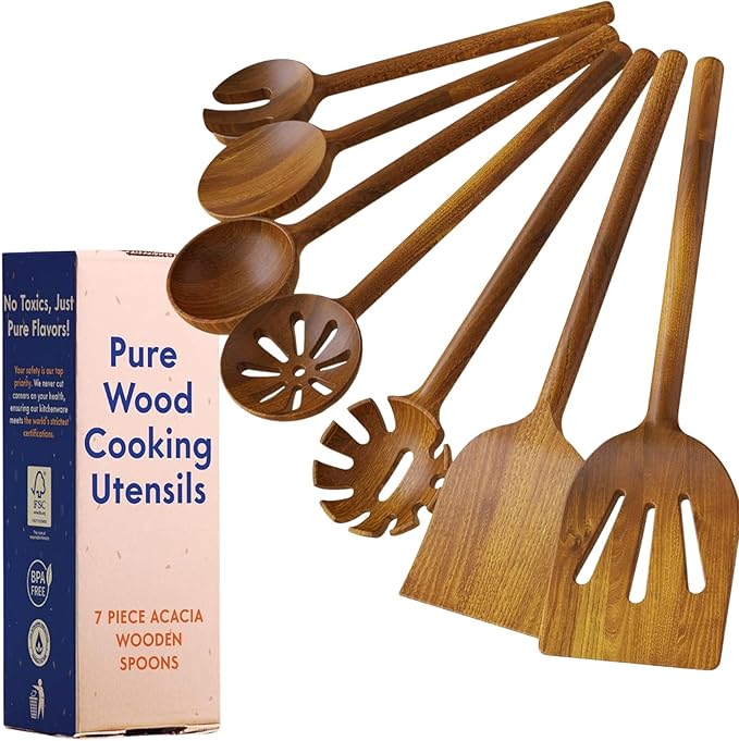 Non-Toxic Wooden Spoons for Cookingโ 7-Piece Kitchen Utensils Set, Glue-Free & One-Piece Cooking Utensils, Natural Wooden Utensil Set with Plant-Based Finish, Free of Forever Chemicals