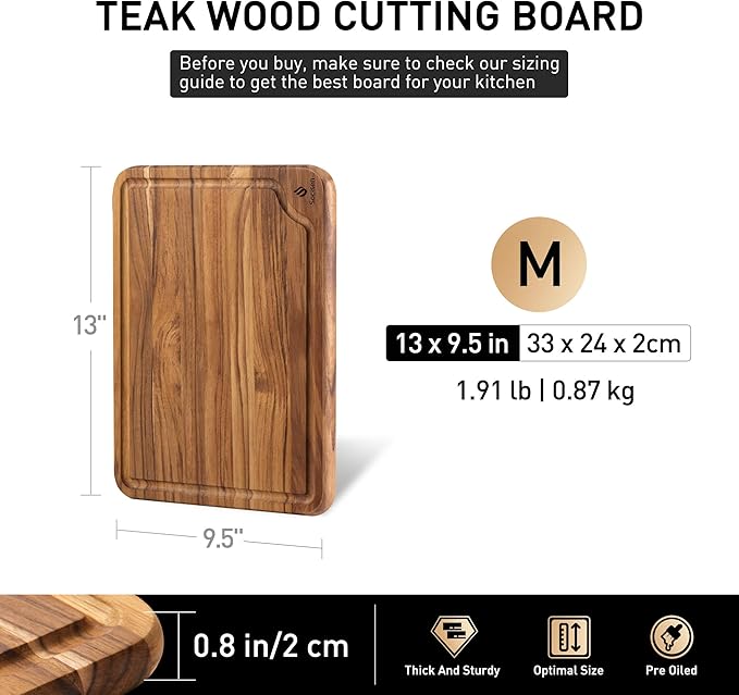 Teak Wood Cutting Board for Kitchen 12inch Charcuterie Board Serving Heavy Duty Non Toxic Slip Over Sink Solid Thick Haus Wooden Chopping Board Large Big Small Meat Best Kitchen Essential Gift