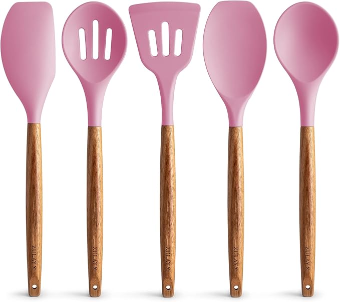 Zulay Kitchen Non-Stick Cooking Utensils Set with Authentic Acacia Wood Handles – 5-Piece Durable & Stylish Silicone Kitchen Utensils Set – Heat Resistant to 464°F – Pink