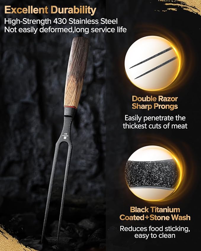 XINZUO 5.9 Inch Meat Carving Fork,High-Strength 430 Stainless Steel,2 Prong Kitchen Forks For Barbecue, Serving, Cooking, Grilling, Roasting,Ergonomic White Oak + Red G10 Gasket Handle