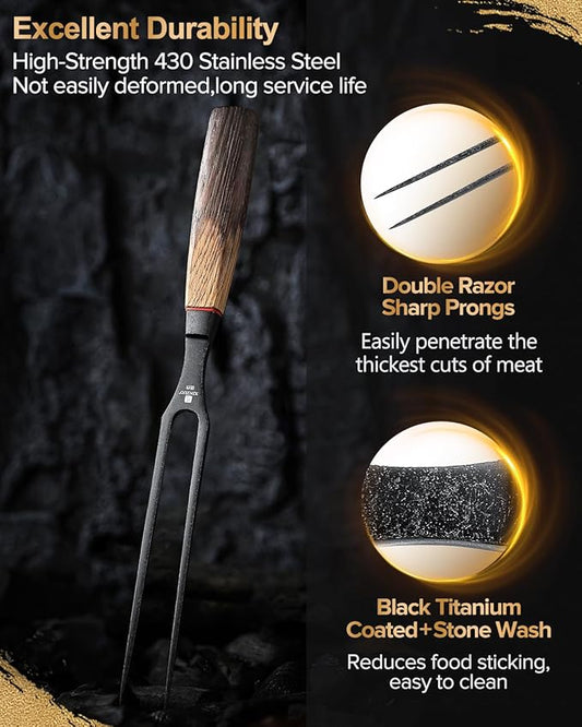 XINZUO 5.9 Inch Meat Carving Fork,High-Strength 430 Stainless Steel,2 Prong Kitchen Forks For Barbecue, Serving, Cooking, Grilling, Roasting,Ergonomic White Oak + Red G10 Gasket Handle