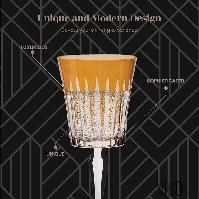 Vikko Water Glasses, Timeless Collection 8 Ounce Elegant Water Glass for Fine Dining, Set of 4 Amber Goblets with Stem, Dishwasher Safe