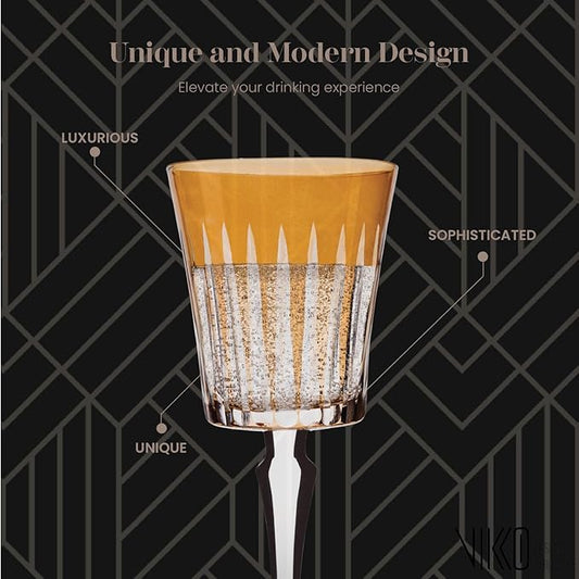 Vikko Water Glasses, Timeless Collection 8 Ounce Elegant Water Glass for Fine Dining, Set of 4 Amber Goblets with Stem, Dishwasher Safe