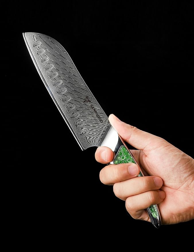 7 inch Santoku Knife, Japanese VG-10 Damascus Steel Chef Knife, Ultra Sharp Kitchen Knife with Full-tang Handle in Green Resin, LA-S9 Series