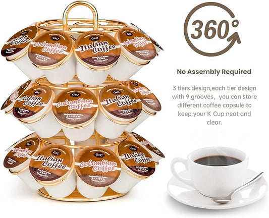 Coffee Pod Holder, K Cup Holders Carousel Organizer ,27 Coffee Pods Storage Compatible with K Cups, Spins 360-Degrees, Modern Gold Design ,Round,Shining Gold,3 Tier Home or Office Kitchen Counter Organizer