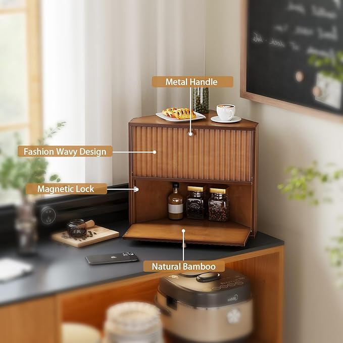 Corner Bread Box for Kitchen Countertop Bamboo Two Layer Large Capacity Bread Storage Bin Vintage Storage for Homemade Bread (Brown)
