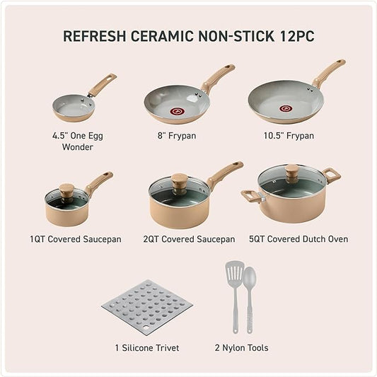 T-Fal Refresh Ceramic Nonstick Cookware Set, 12-Piece, Oven Safe to 350°F, Includes Stockpot, Griddle, Frying Pans, Utensils, Ceramic Pots and Pans Set, Sand Beige
