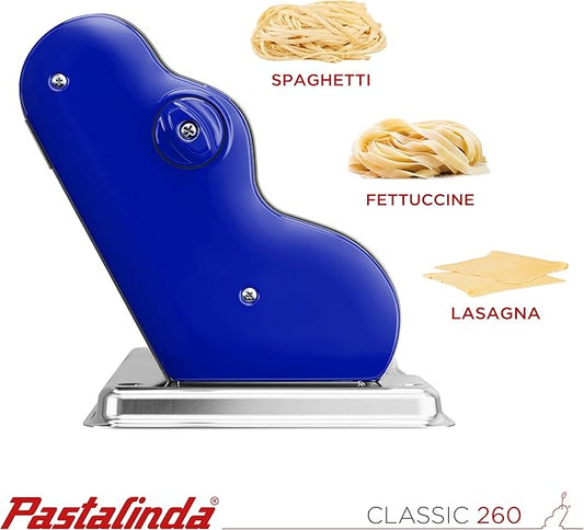 PASTALINDA Classic 260 Pasta Maker Machine, 26 cm Wide Rollers, 9 Thickness Positions, 2 Cutting Positions, Stainless Steel. Includes Reinforced Hand Crank And Two Clamps (Blue)