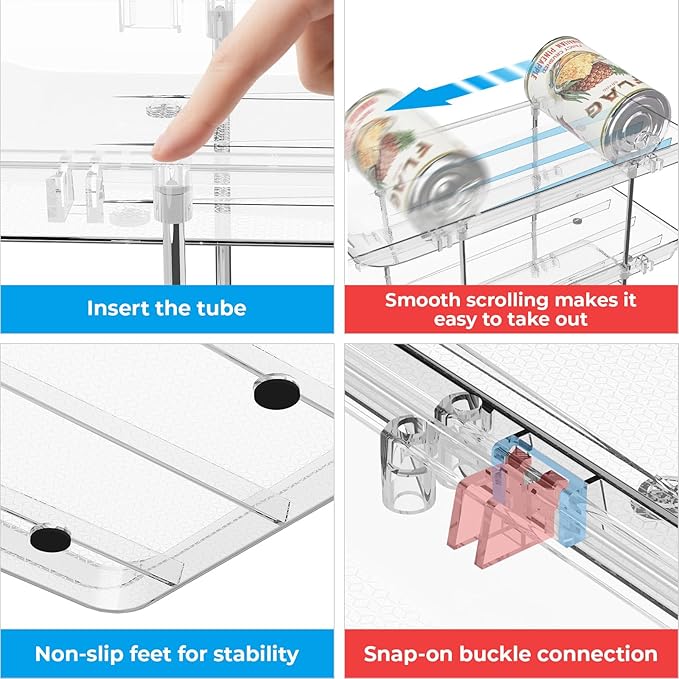 Stackable 5 Tiers Can Organizer Pantry, Canned Food Holder for Fridge Holds 60 Cans, Free Combination & Automatic Rolling, Space Saving Storage for Refrigerator Kitchen Pantry, Clear