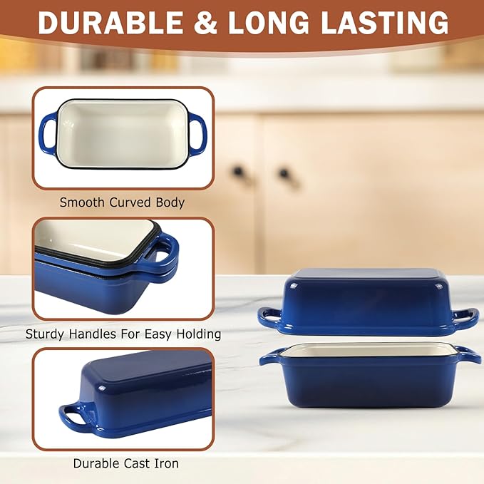 9 x 5 Inch Bread Pan Enameled Cast Iron Loaf Pan with Lid for Baking, 2 in 1 Non-stick Sourdough Bread Loaf Pan for Homemade Bread, Oven & Stovetop Safe for Gas, Electric & Induction, Blue