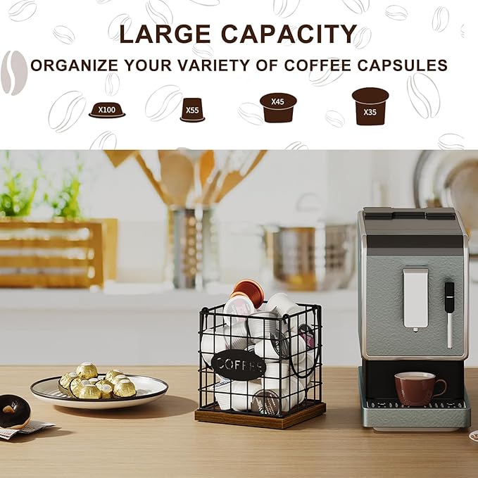 YINMIT K Cup Holder Organizer, Rustic Coffee Pod Holder Organizer, 35 Kcup Holder for Counter with Handle,Large Capacity Black Wire Coffee Capsule Basket for Kitchen Office Desktop (Square Grid)
