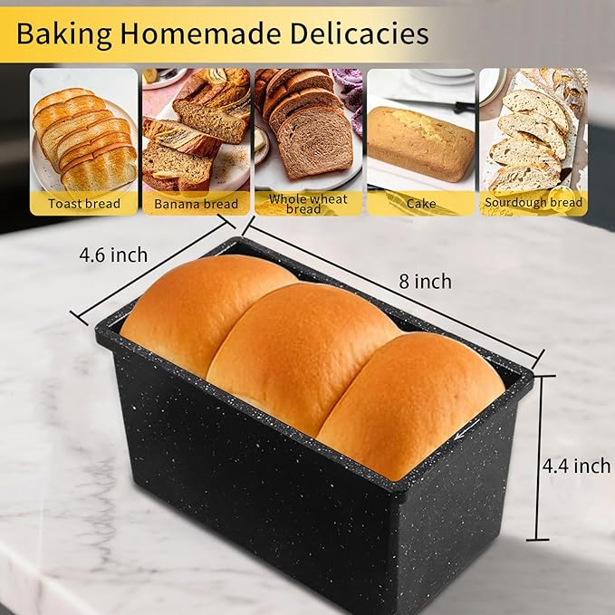 Cast Aluminum Loaf Pan with Lid, Pullman Loaf Pan for Homemade Sourdough Bread, Sandwich, Meatloaf Baking, 8x4 Inch Nonstick Deep Bread Tin with Cover, Oven Safe & Heavy Duty, Speckled Black