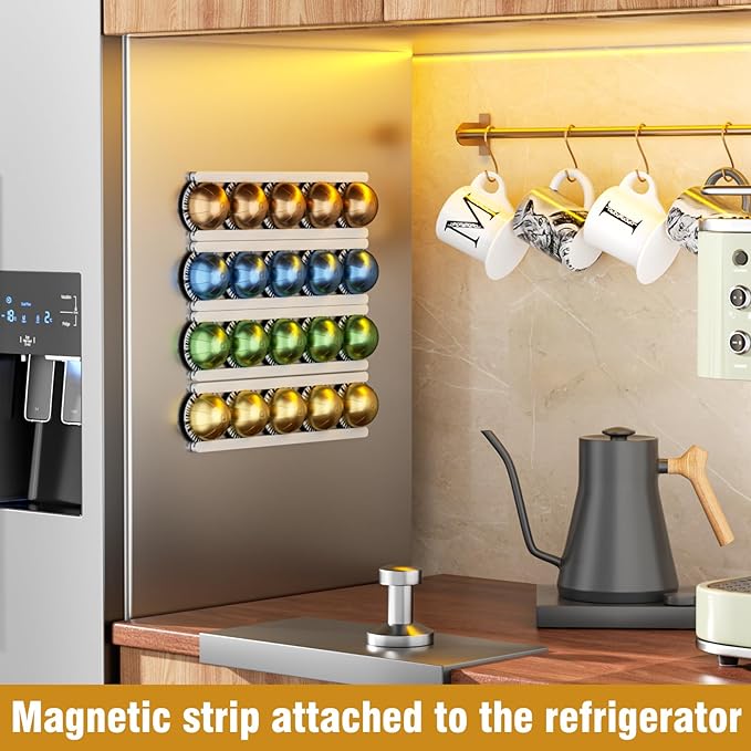 Stretchable Coffee Pod Holder,Adhesive and Magnetic espresso pod holder, Holds 20 Pods -Wall Mounte Vertically or Horizontally Wall or Cabinet Mounted Coffee Capsule Rack