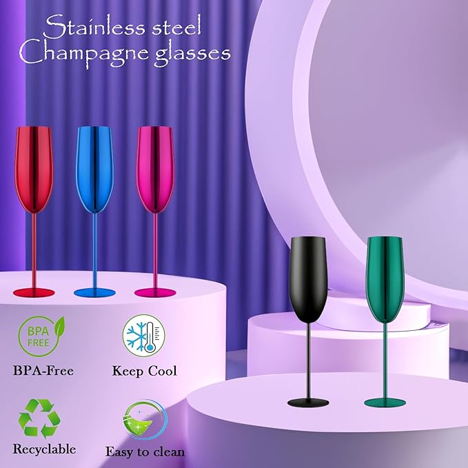 Champagne Glasses Set of 2 Stainless Steel Champagne Flutes Wedding Gifts for Bride 8.5 oz Unbreakable Champagne Glasses for Party Wedding Christmas Anniversary Brithday (Purple)