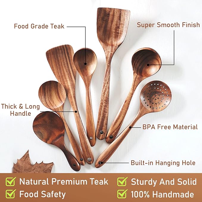 FJNATINH 7-Piece Nonstick Wooden Cooking Utensils Set, Natural and Healthy Kitchen Utensils(7 Pcs)