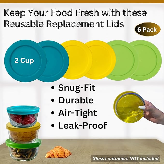2 Cup/470 mL Turquoise/Yellow/Spring Green Replacement Lids/Covers for Pyrex 7200-PC, 16oz Anchor Hocking & KlareWare Storage Bowls *Lids Only Glass Container Not Included* (6 Pack, Turq/Y/Spring Grn)