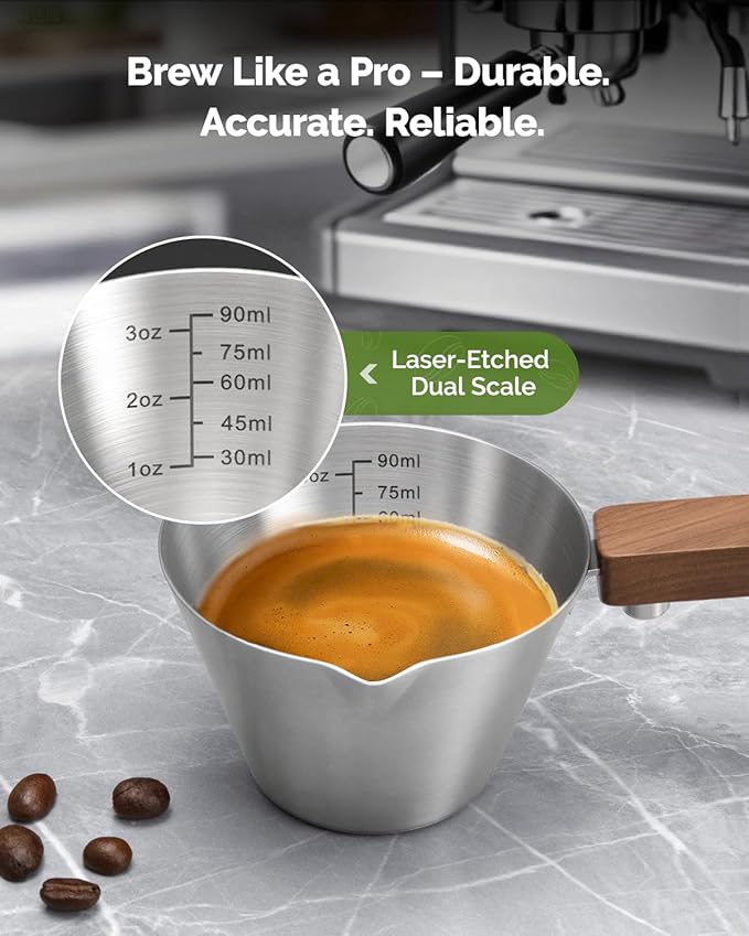 Maestri House Espresso Measuring Cup, Stainless Steel Espresso Shot Cup, Wide Mouth & V-shaped Pour Spout Coffee Mug with Handle Scale for Latte, Dirty, Americano, Cappuccino, Macchiato (Silver)