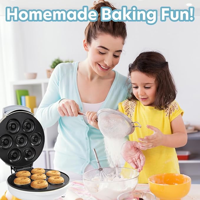Mini Donut Maker- Electric NonStick Surface Makes 7 Small Doughnuts- Decorate Frost Ice Your Own for Kid Friendly Baked Dessert Treat- Unique Cooking Activity for Adults, Easy Bake Brunch Gift for Her