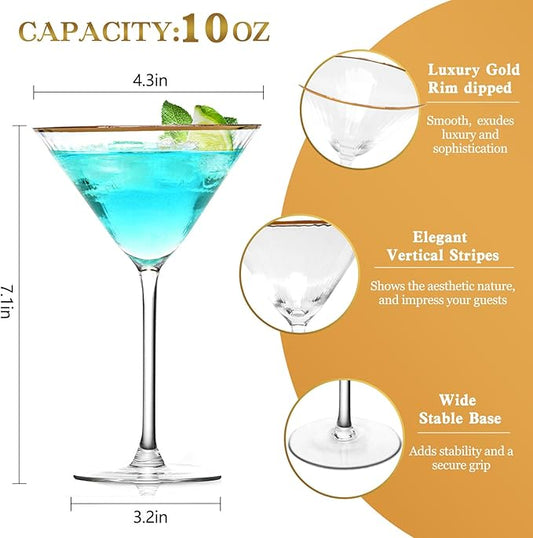 Martini Glasses Set of 2, Gold Rim Hand-Blown Crystal Cocktail Glasses, 10oz Large Martini Glasses for Espresso, Cosmopolitan, Gimlet, Elegant Barware Gift for for Women, Men, Any Occasion