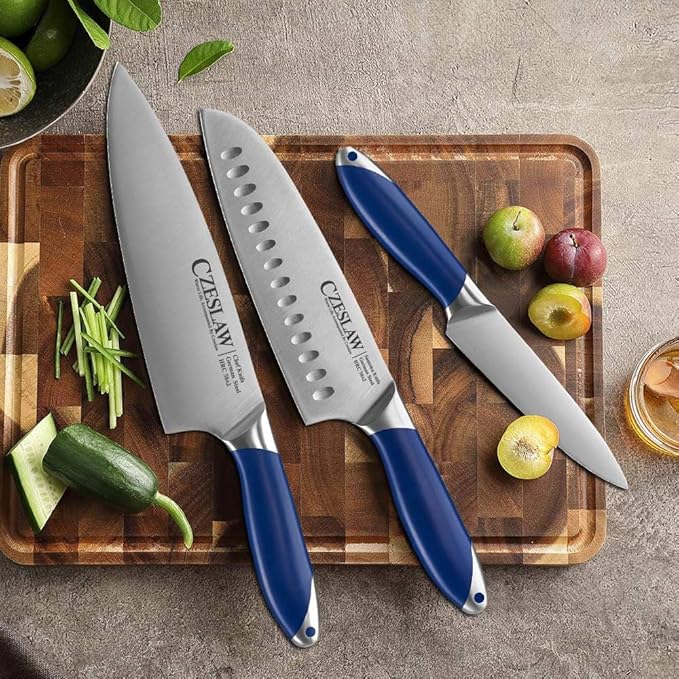 knife set, 3 Piece kitchen knife set - Razor Sharp Professional Japanese Chef Knife set, Forged from High Carbon German Steel,Full Tang Prussia Blue Handle,cooking gifts cooks