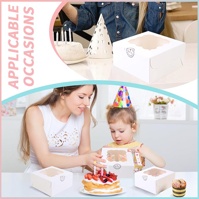 36 pcs 6x6x3 Inches Small Cake Box with Window, Bakery Pastry Cookie Boxes, Mini Pie for Pastry,Dessert,Strawberries,Chocolates, Cupcakes with paper stickers (white)