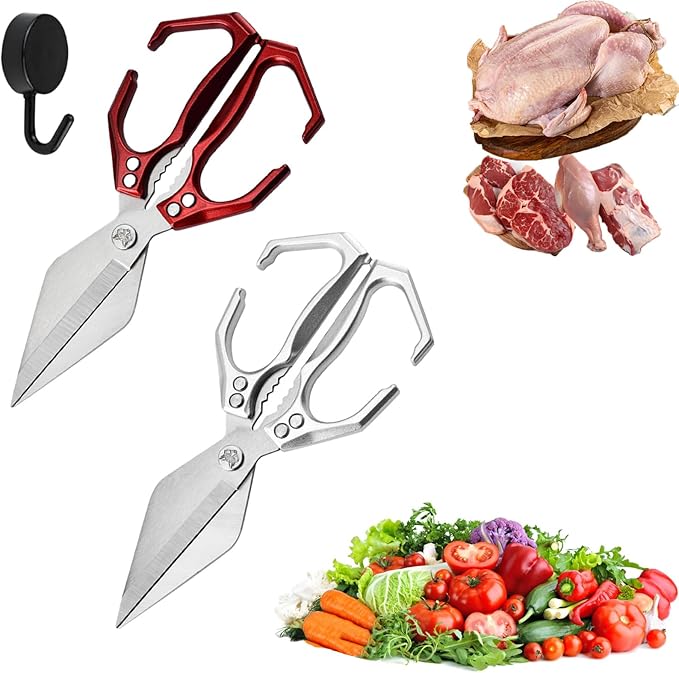 Seattleget Multifunctional Heavy-Duty Kitchen Shears, High-Carbon Steel 9.25" Multipurpose Kitchen Scissors for Chicken, Meat & Veggies, Ergonomic Non-Slip Handle, Built-in Nut Cracker (Red+Silver)